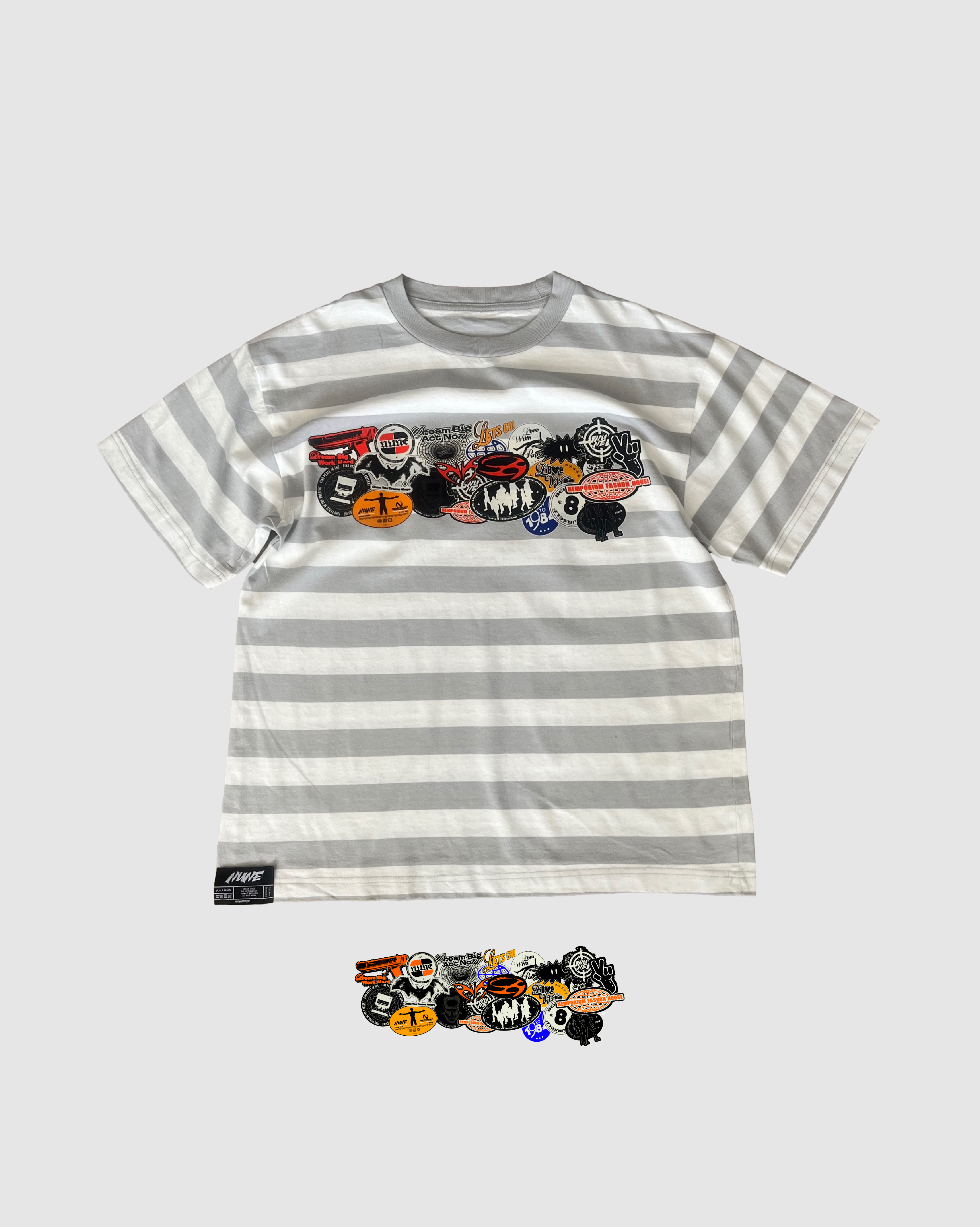 "Notebook Stickers" Grey Stripped T-Shirt