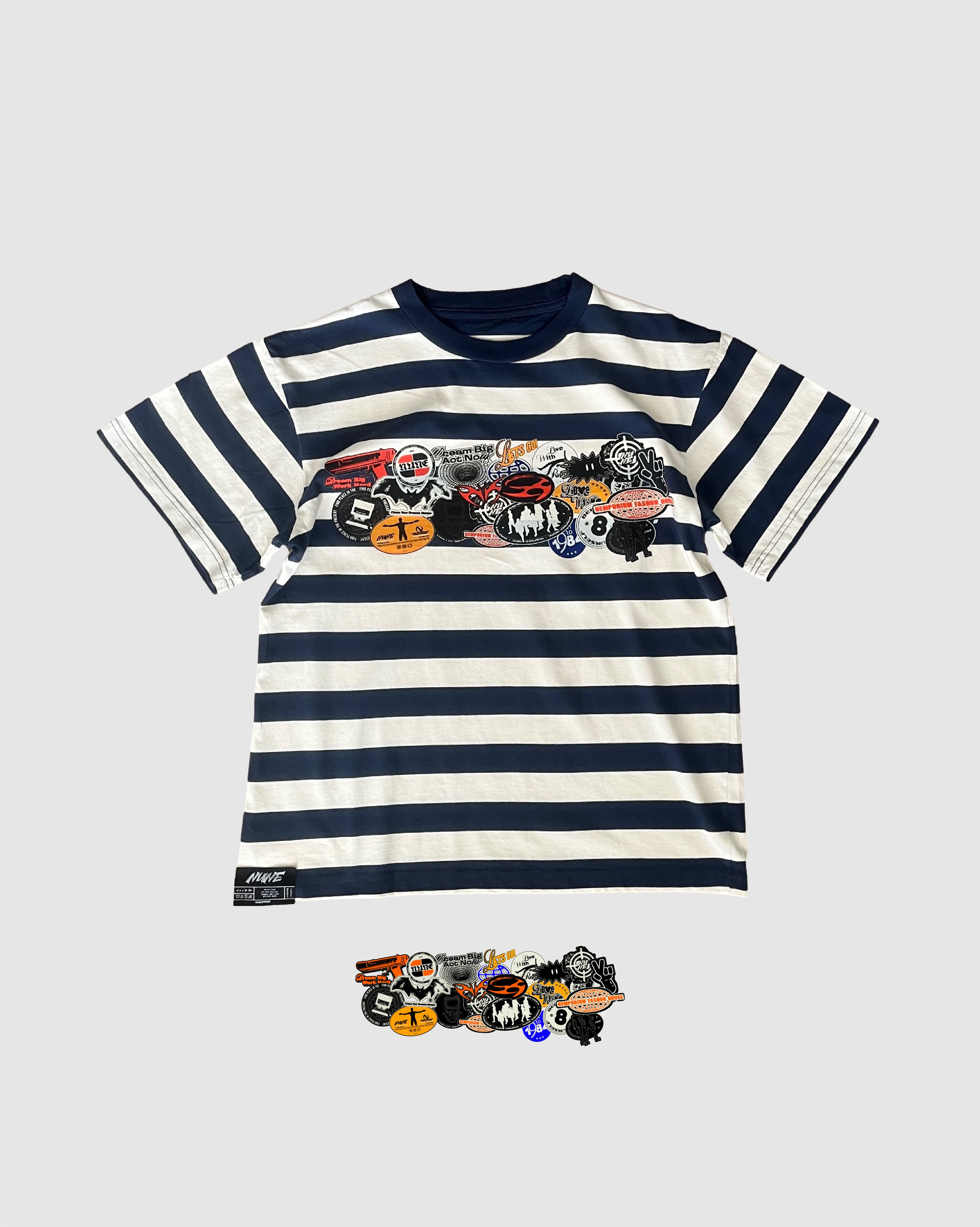 "Notebook Stickers" Navy Stripped T-Shirt